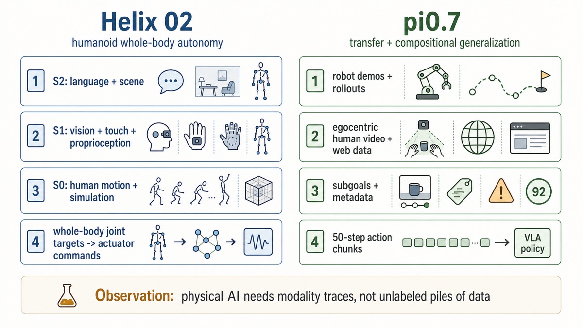 Balanced modality stack trace comparing Helix 02 and pi0.7.