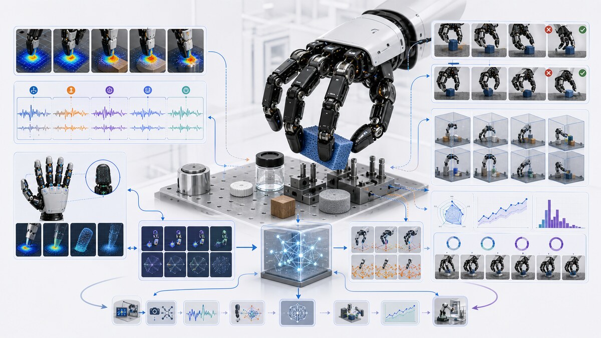 Illustration of a dexterous-contact physical-AI substrate with robotic hand manipulation, tactile maps, torque traces, recovery rollouts, and evaluation loops.