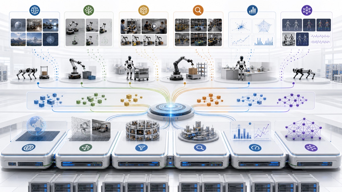 Illustration of a physical-AI infrastructure substrate that supports world generation, simulation transfer, curation, search, evaluation, and post-training for multiple robot systems.