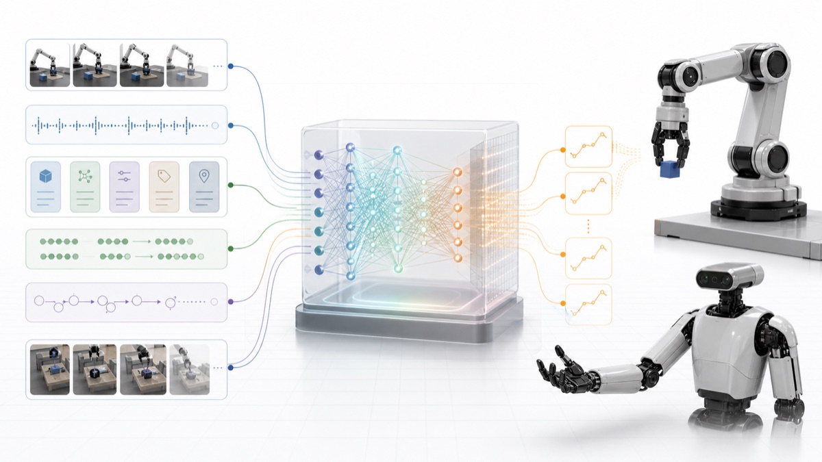 Illustration of a model-centered physical-AI substrate where structured task traces and visual subgoals condition an embodied action model.