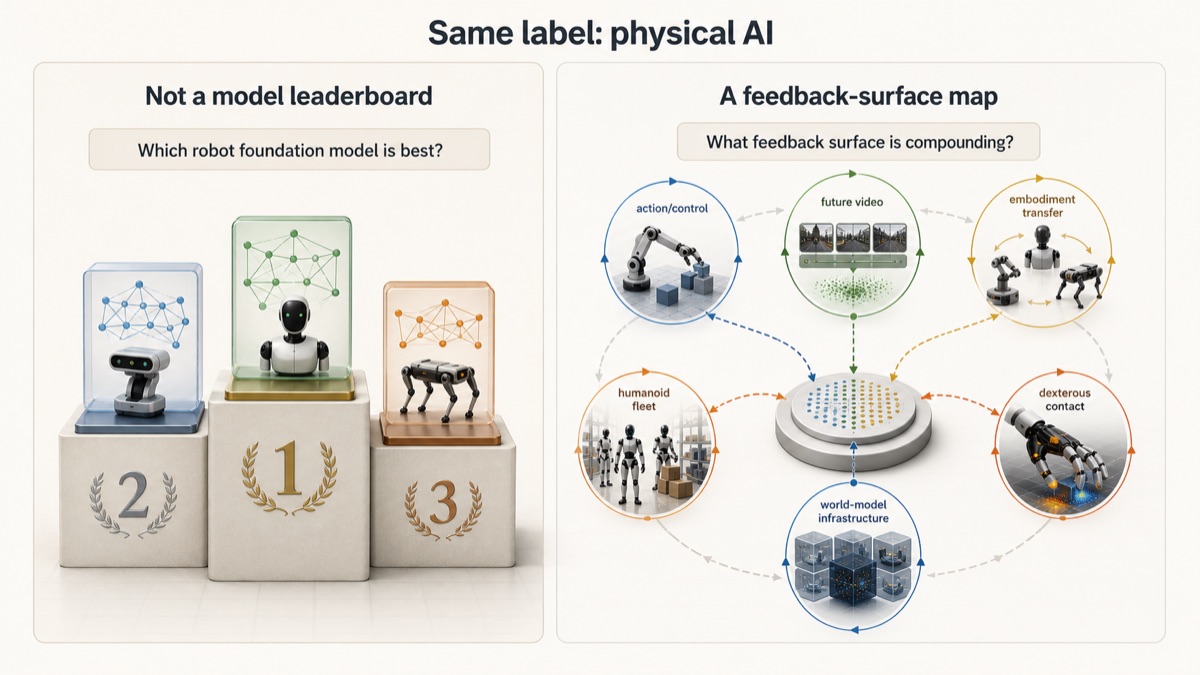 Diagram contrasting a model leaderboard question with a feedback-surface loop map for physical AI.